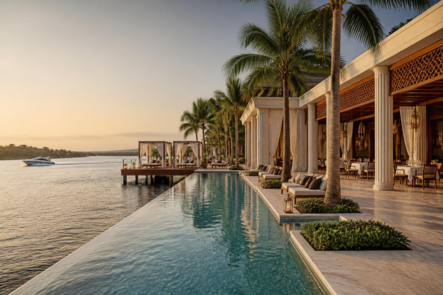 Artist impression of an infinity pool, signature restaurant terrace and cabanas at the river's edge, Tefle Destination