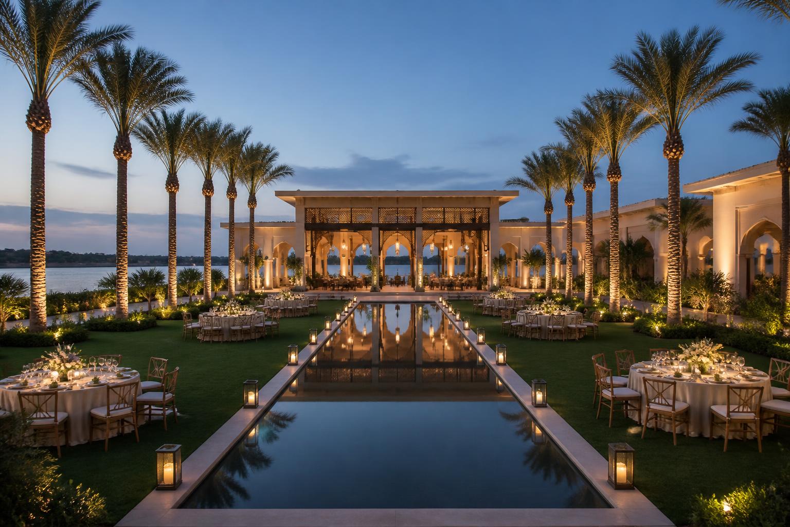 Artist impression of a wedding garden and event lawn with a reflecting pool and lit ceremonial pavilion at dusk, Tefle Destination